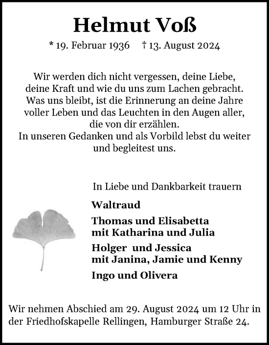 Traueranzeige von Helmut Voß von A. Beig Gesamtausgabe