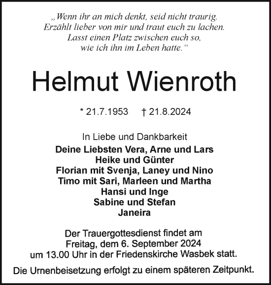 Traueranzeige von Helmut Wienroth von Holsteinischer Courier