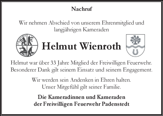 Traueranzeige von Helmut Wienroth von Holsteinischer Courier