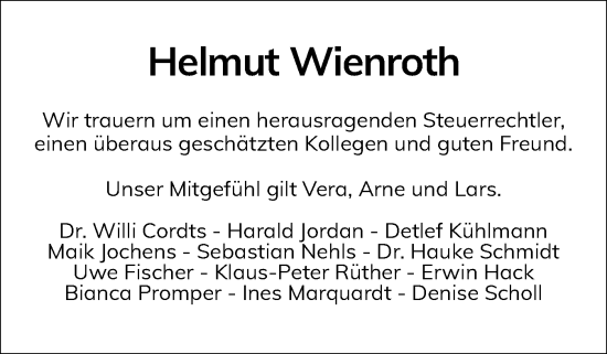 Traueranzeige von Helmut Wienroth von Holsteinischer Courier