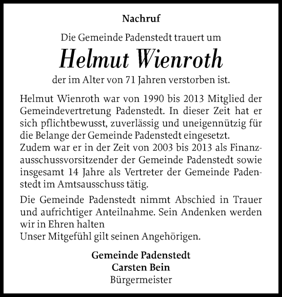 Traueranzeige von Helmut Wienroth von Holsteinischer Courier