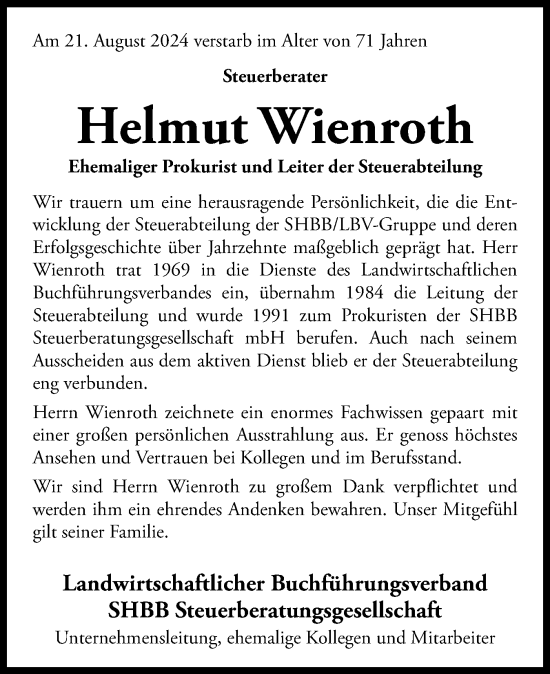 Traueranzeige von Helmut Wienroth von Holsteinischer Courier
