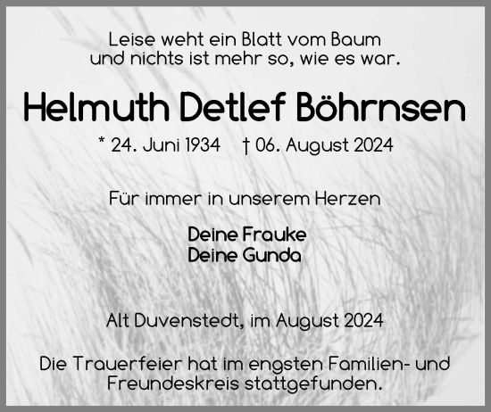 Traueranzeige von Helmuth Detlef Böhrnsen von Schleswig-Holsteinische Landeszeitung