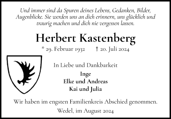 Traueranzeige von Herbert Kastenberg von Wedel-Schulauer Tageblatt, tip Wedel-Schulauer Tageblatt, tip Rissener Rundschau