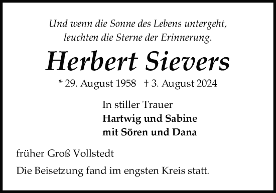 Traueranzeige von Herbert Sievers von Schleswig-Holsteinische Landeszeitung