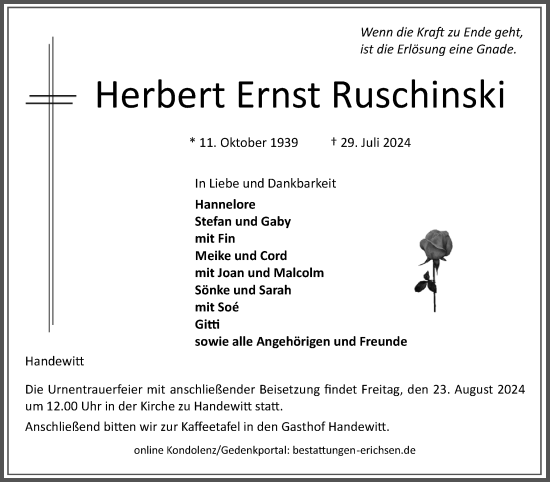 Traueranzeige von Herbert Ernst Ruschinski von Flensburger Tageblatt
