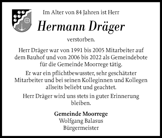 Traueranzeige von Hermann Dräger von Uetersener Nachrichten, Der tip am Wochenende