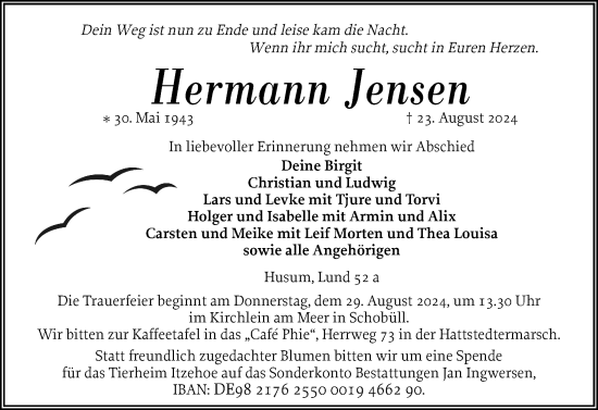 Traueranzeige von Hermann Jensen von Husumer Nachrichten, Nordfriesland Tageblatt