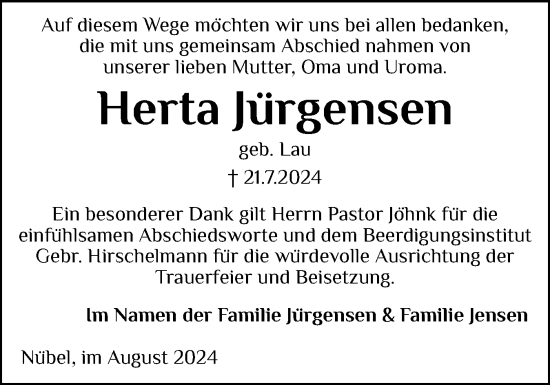 Traueranzeige von Herta Jürgensen von Schleswiger Nachrichten, Schlei-Bote