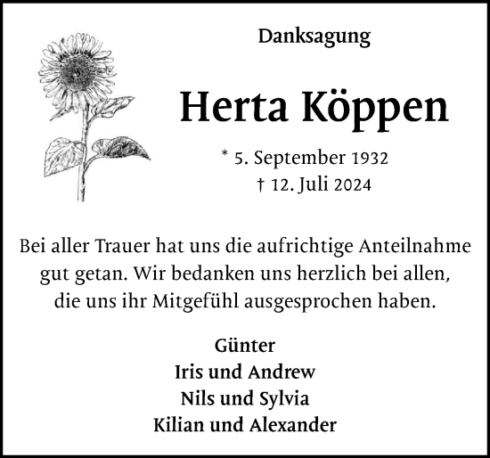 Traueranzeige von Herta Köppen von Elmshorner Nachrichten, Barmstedter Zeitung