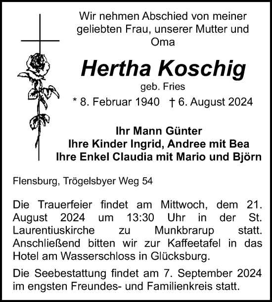 Traueranzeige von Hertha Koschig von Flensburger Tageblatt