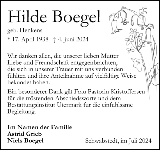 Traueranzeige von Hilde Boegel von Husumer Nachrichten, Nordfriesland Tageblatt