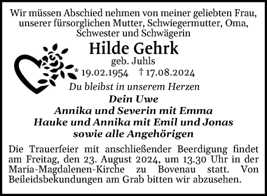 Traueranzeige von Hilde Gehrk von Schleswig-Holsteinische Landeszeitung