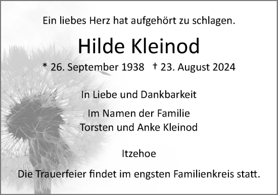 Traueranzeige von Hilde Kleinod von Norddeutsche Rundschau, Wilstersche Zeitung, Glückstädter Fortuna