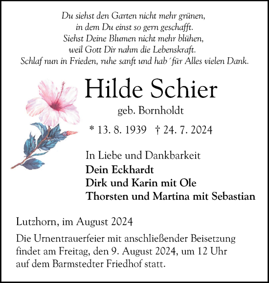 Traueranzeige von Hilde Schier von Elmshorner Nachrichten, Barmstedter Zeitung