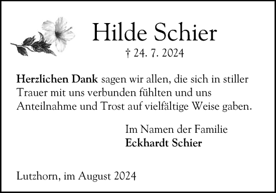 Traueranzeige von Hilde Schier von Elmshorner Nachrichten, Barmstedter Zeitung