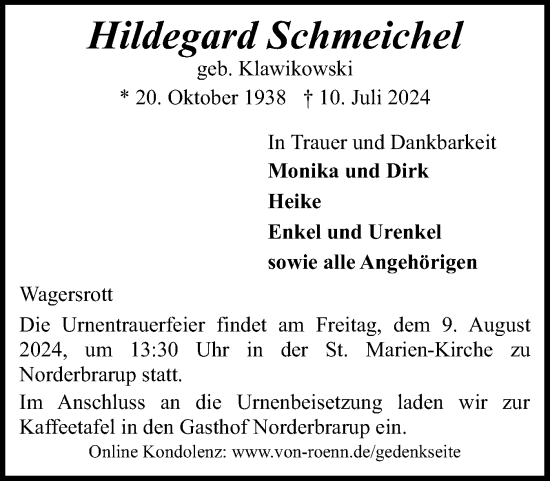 Traueranzeige von Hildegard Schmeichel von Schleswiger Nachrichten, Schlei-Bote
