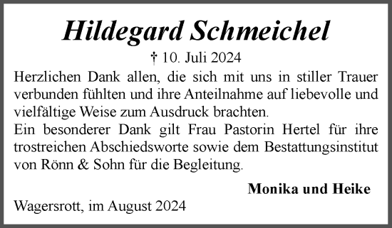 Traueranzeige von Hildegard Schmeichel von Schleswiger Nachrichten, Schlei-Bote