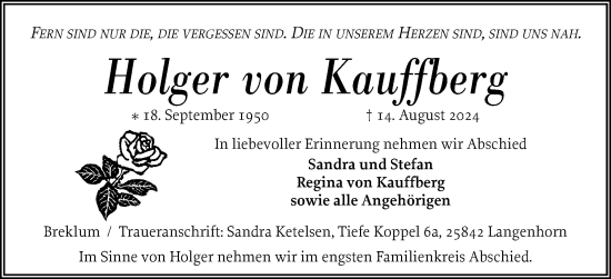 Traueranzeige von Holger von Kauffberg von Husumer Nachrichten, Nordfriesland Tageblatt