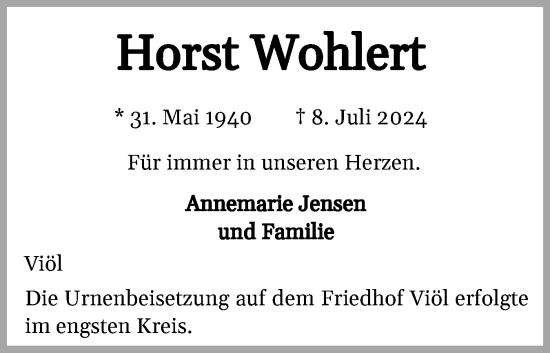 Traueranzeige von Horst Wohlert von Husumer Nachrichten, Nordfriesland Tageblatt