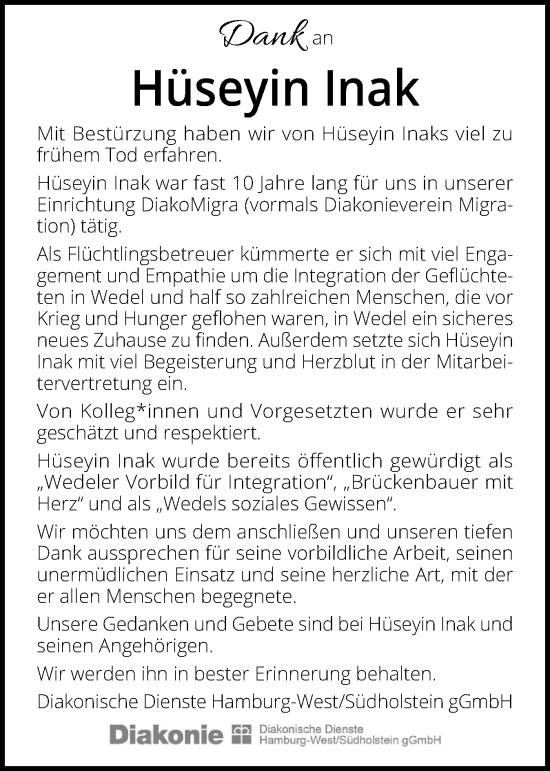 Traueranzeige von Hüseyin Inak von Wedel-Schulauer Tageblatt, tip Wedel-Schulauer Tageblatt, tip Rissener Rundschau