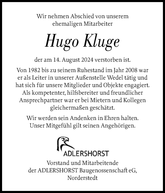 Traueranzeige von Hugo Kluge von Wedel-Schulauer Tageblatt, tip Wedel-Schulauer Tageblatt, tip Rissener Rundschau