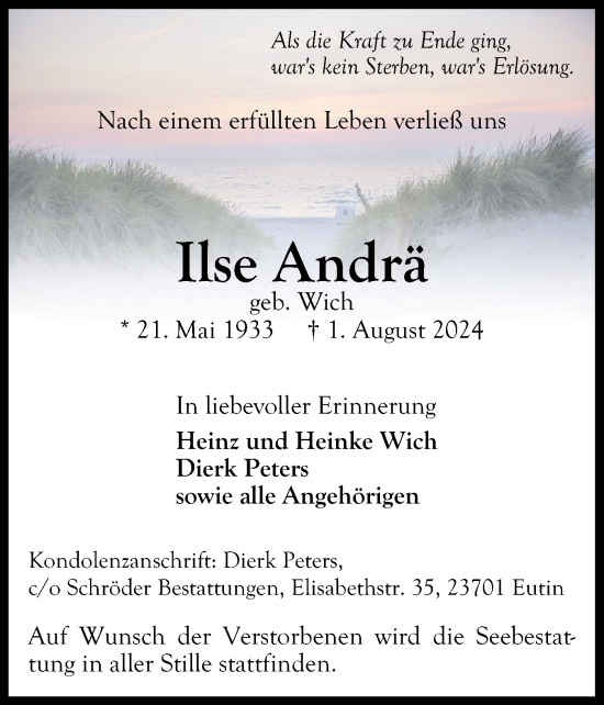 Traueranzeige von Ilse Andrä von Ostholsteiner Anzeiger