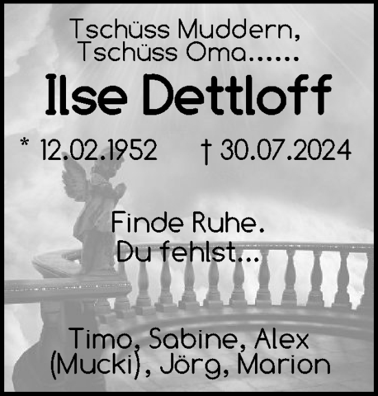 Traueranzeige von Ilse Dettloff von Flensburger Tageblatt