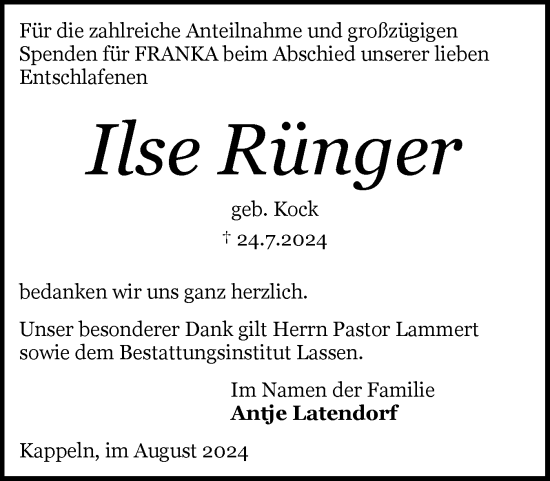 Traueranzeige von Ilse Rünger von Schleswiger Nachrichten, Schlei-Bote