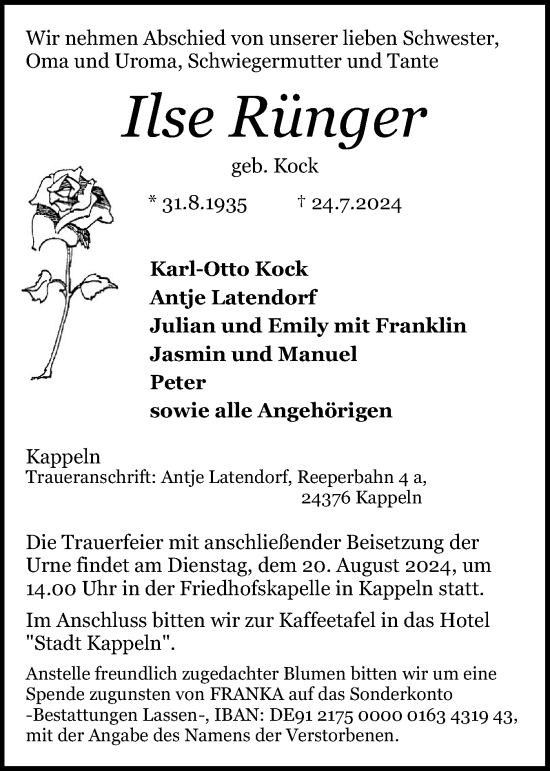 Traueranzeige von Ilse Rünger von Schleswiger Nachrichten, Schlei-Bote
