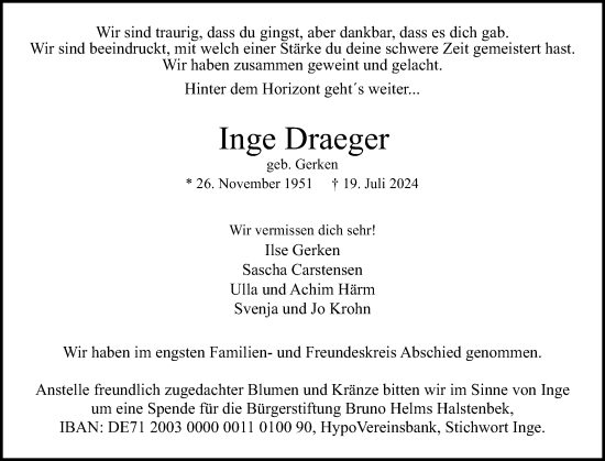 Traueranzeige von Inge Draeger von Region Pinneberg und tip Pinneberg