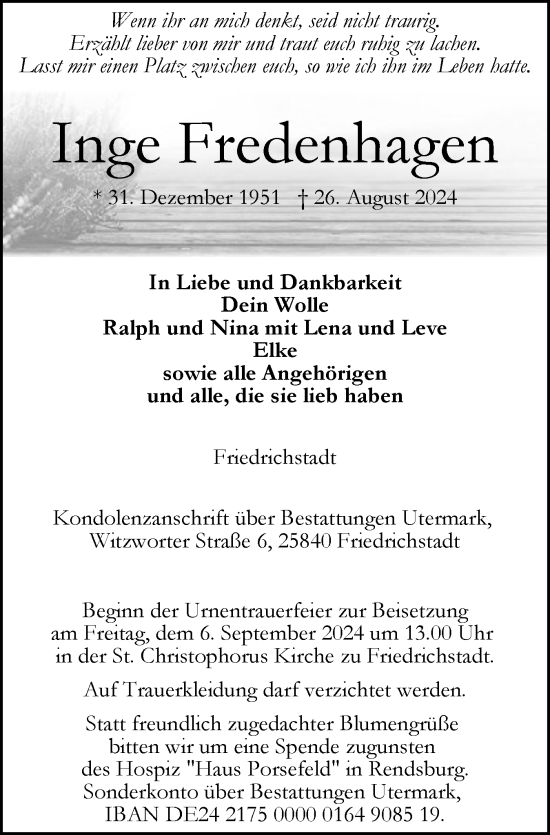 Traueranzeige von Inge Fredenhagen von Husumer Nachrichten, Nordfriesland Tageblatt
