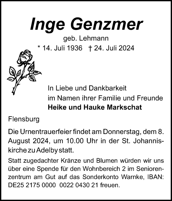 Traueranzeige von Inge Genzmer von Flensburger Tageblatt