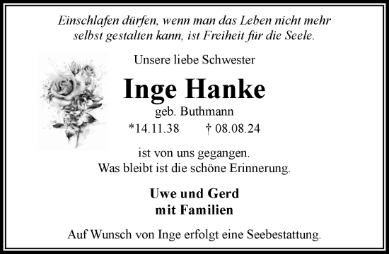 Traueranzeige von Inge Hanke von Stormaner Tageblatt
