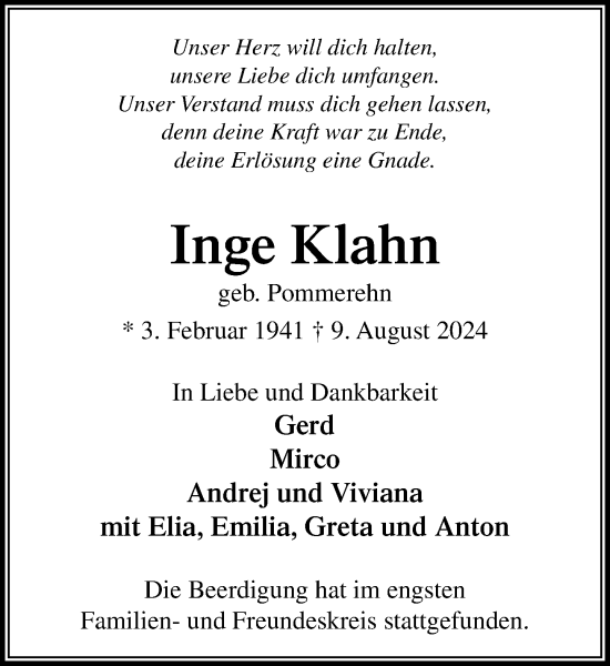 Traueranzeige von Inge Klahn von Stormaner Tageblatt