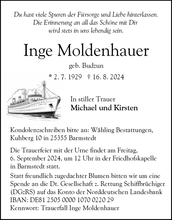 Traueranzeige von Inge Moldenhauer von Elmshorner Nachrichten, Barmstedter Zeitung