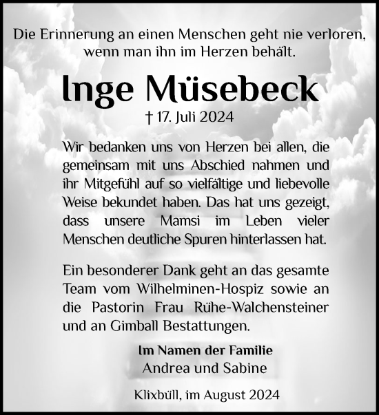 Traueranzeige von Inge Müsebeck von Husumer Nachrichten, Nordfriesland Tageblatt