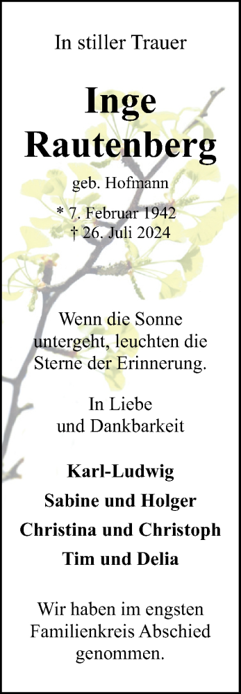 Traueranzeige von Inge Rautenberg von Eckernförder Zeitung, Hallo Eckernförde