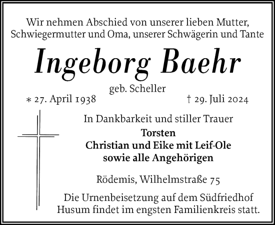Traueranzeige von Ingeborg Baehr von Husumer Nachrichten, Nordfriesland Tageblatt