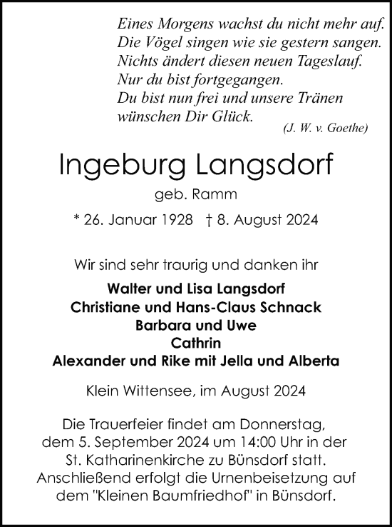 Traueranzeige von Ingeburg Langsdorf von Eckernförder Zeitung, Hallo Eckernförde