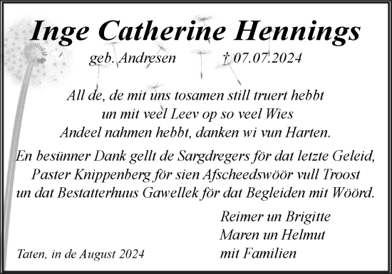 Traueranzeige von Inge Catherine Hennings von Husumer Nachrichten, Nordfriesland Tageblatt