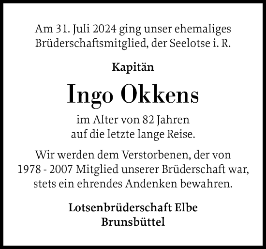 Traueranzeige von Ingo Okkens von Norddeutsche Rundschau, Wilstersche Zeitung, Glückstädter Fortuna