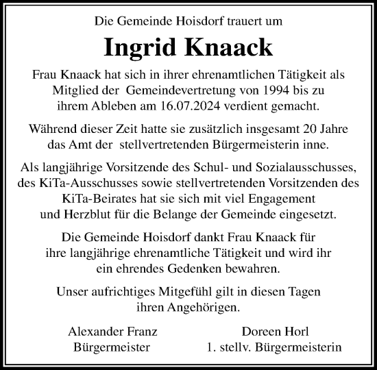 Traueranzeige von Ingrid Knaack von Stormaner Tageblatt