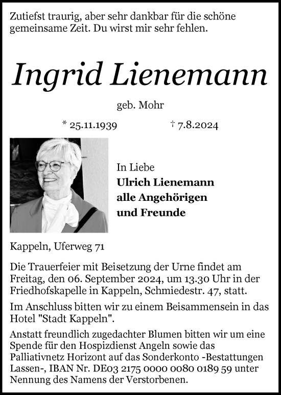 Traueranzeige von Ingrid Lienemann von Schleswiger Nachrichten, Schlei-Bote, Eckernförder Zeitung