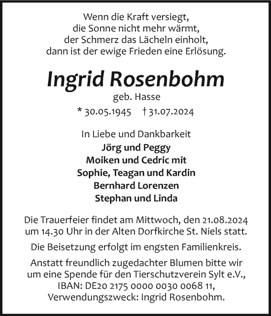 Traueranzeige von Ingrid Rosenbohm von Sylter Rundschau