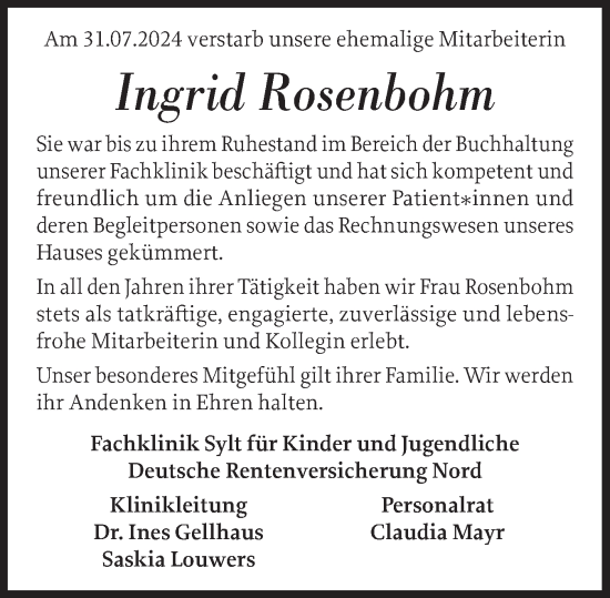 Traueranzeige von Ingrid Rosenbohm von Sylter Rundschau