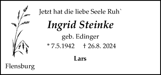 Traueranzeige von Ingrid Steinke von Flensburger Tageblatt
