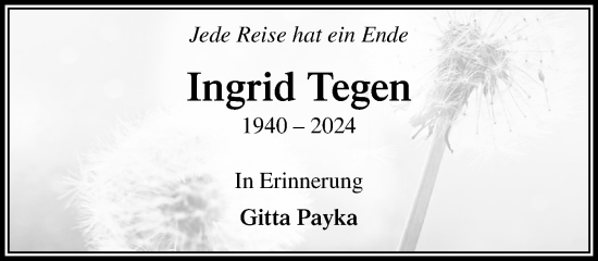 Traueranzeige von Ingrid Tegen von Stormaner Tageblatt