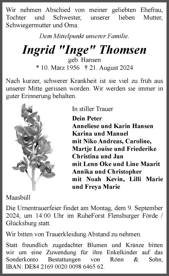 Traueranzeige von Ingrid Thomsen von Flensburger Tageblatt