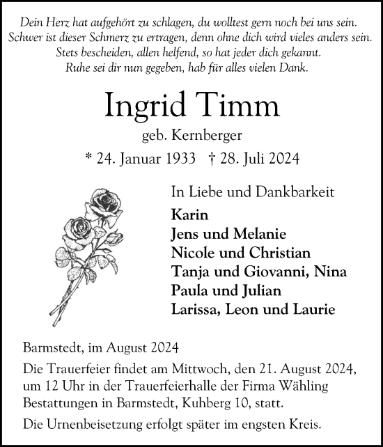 Traueranzeige von Ingrid Timm von Elmshorner Nachrichten, Barmstedter Zeitung